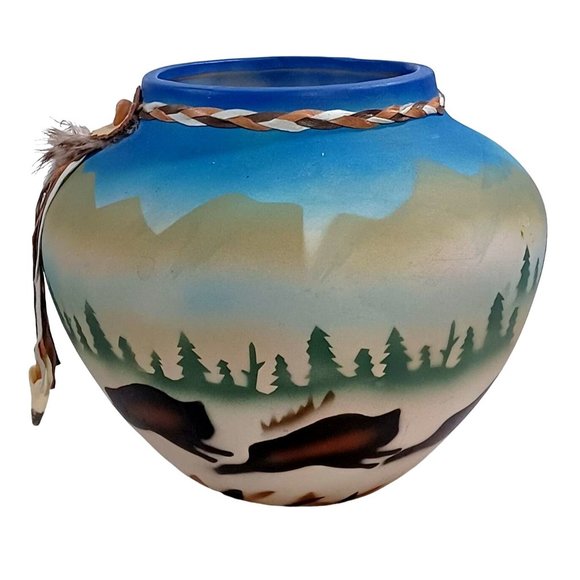 2 Native American Pottery Vases Dreamcatcher Buffalo Southwest Eagle Fea… - Picture 12 of 13